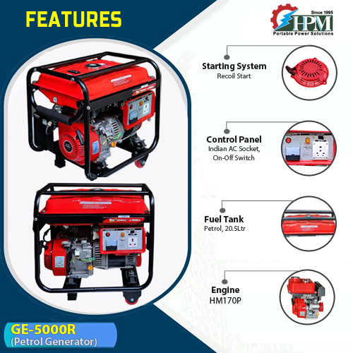 5 KVA Portable  Light Weight Petrol Generator,   Recoil Start Model GE-5000R, 